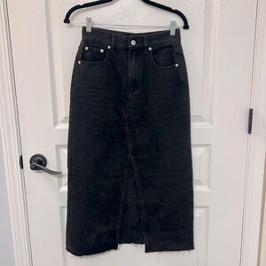 Miou Muse Black Denim Midi Skirt with Front Slit and Frayed Hem - Size S